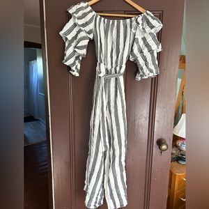 White and Grey Striped Long Pant Romper